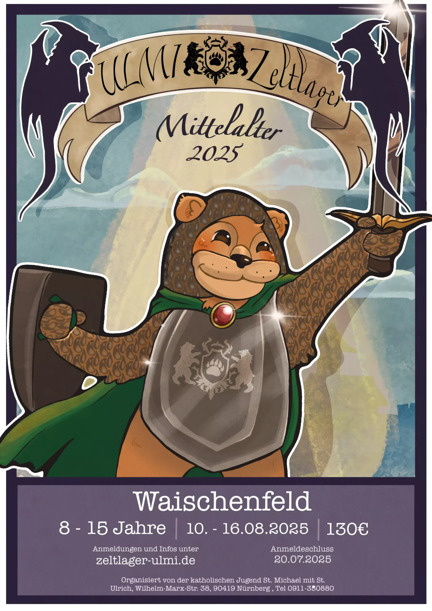 Plakat zum ULMI-Zeltlager 2025 aus Nürnberg, dass das Maskottchen, den Barbelbär, in einer Ritterrüstung zeigt.