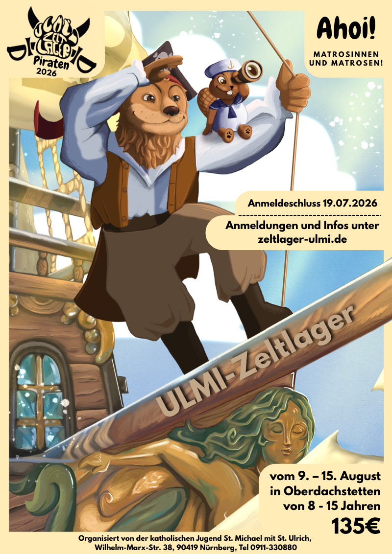 Plakat von 2026: ULMI-Zeltlager Piraten Logo, Barbelbär der mit Maskottchen Obiron sich auf einem Schiffsbug nach vorne lehnt